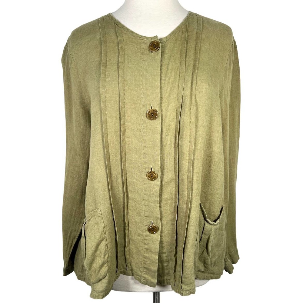 Flax Women's 100% Linen Button Up Blouse S Green Pleated Oversized Pockets